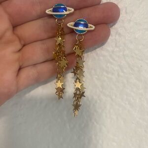 Saturn and Gold Stars Dangle Earrings Stud Back